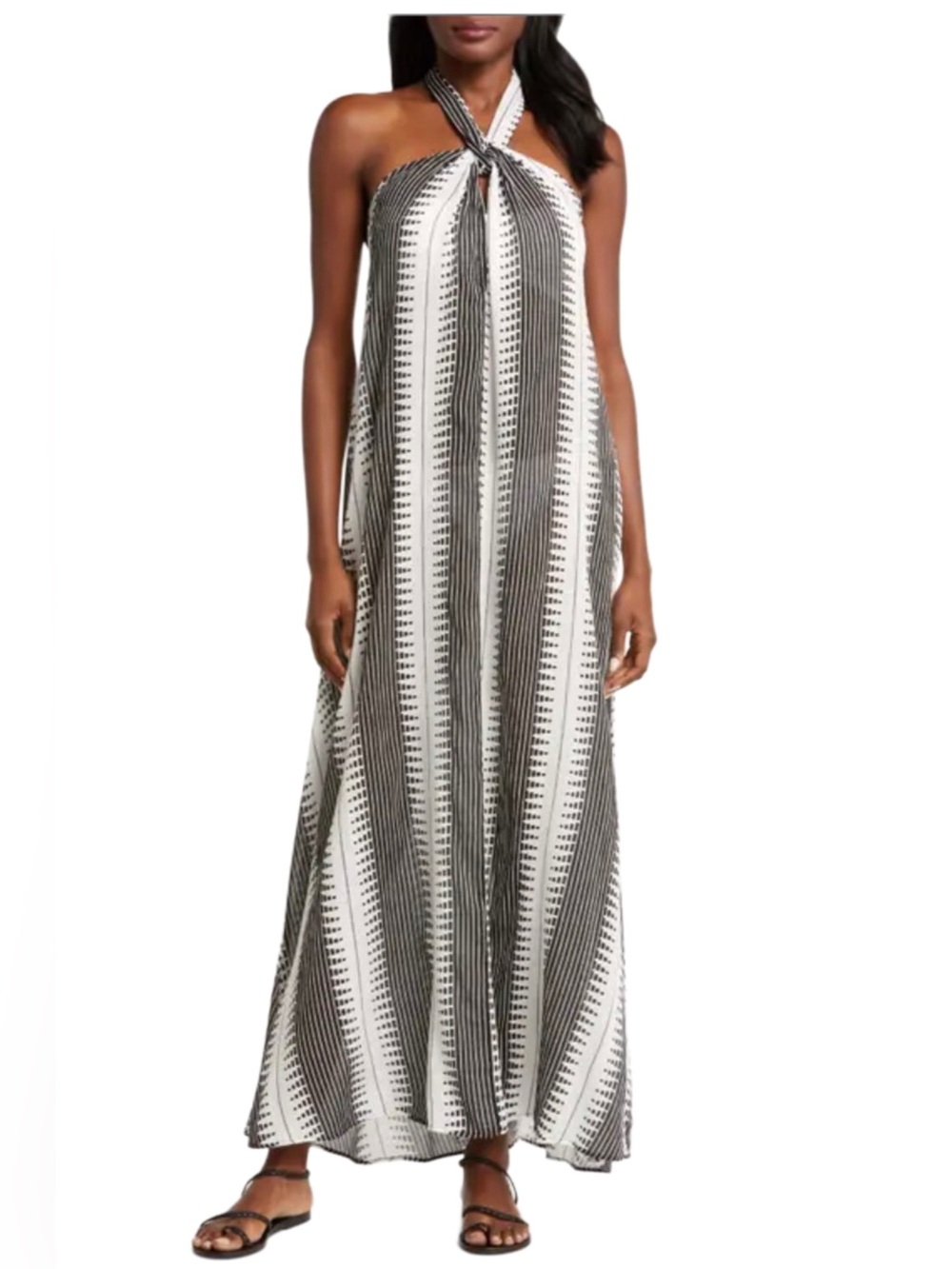 Elan Halter Neck Cover-Up Maxi Dress — Black/White Kenya Tribal — Resortwear— XS